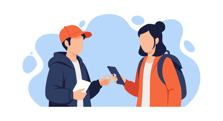 Young man and woman exchange information using a smartphone and paper, illustrating digital communication, transaction, or student interaction. Ideal for technology, education, or lifestyle themes.