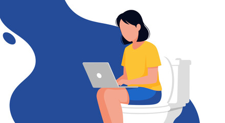Illustrated woman uses a laptop while sitting on a toilet, depicting remote work, multitasking, and the blurring lines of modern productivity.