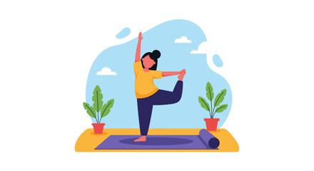 Young woman practicing a balancing yoga pose on a mat in a bright, tranquil setting, promoting wellness, mindfulness, and healthy lifestyle.