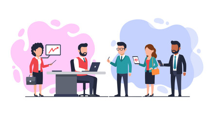 Diverse business professionals collaborate in a modern office, utilizing technology for communication, data analysis, and growth. Represents teamwork, strategy, and digital transformation in business.