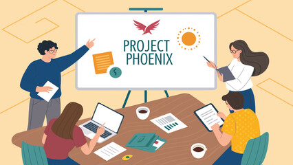 Business team collaborating on Project Phoenix in a dynamic meeting, strategizing for success and innovation. Ideal for teamwork and progress.