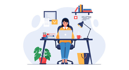 Young woman working remotely at her home office desk with a laptop and headphones, surrounded by books and office supplies.