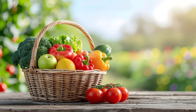 Basket of fresh organic vegetables and fruits on rustic wooden table, natural eco-friendly agriculture display.