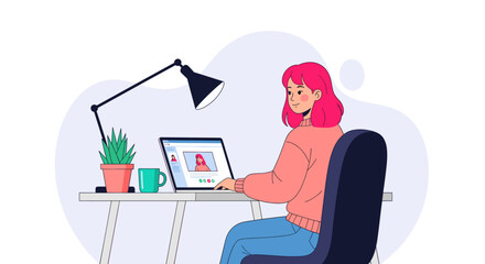 Young woman engaged in a video call or virtual meeting on her laptop at a modern desk setup. Illustrates remote work, digital communication, business collaboration, and modern lifestyle.