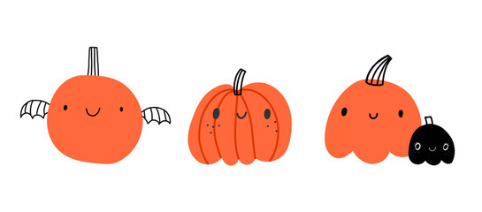 Cute halloween jack o lanterns carved pumpkins characters isolated on white background. Cheerful playful orange red smiles. 