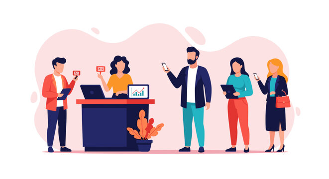 Diverse business team collaborating in a modern office, utilizing technology for communication, analytics, and digital marketing strategies. Professional workflow.