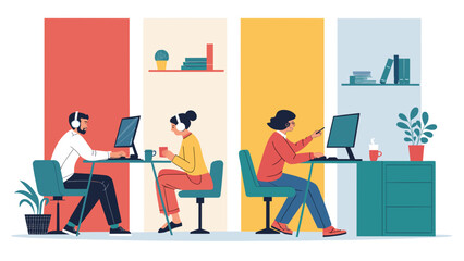 Diverse professionals working on computers in a modern, vibrant office setting, illustrating productivity, remote work, and online collaboration.