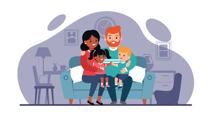 Happy diverse family with two children enjoying time together on a sofa at home. Represents parenthood, love, unity, and modern lifestyle. Ideal for family, home, or lifestyle concepts.