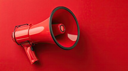 Red banner with megaphone and urgent message space concept. A vibrant red megaphone against a bold red background.