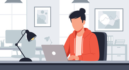 Focused person in a casual red hoodie working on a laptop at a modern office desk. Ideal for remote work, online learning, productivity, and digital lifestyle concepts.