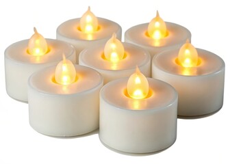 A group of seven white led tea lights with a warm yellow glow on a white background in a studio shot
