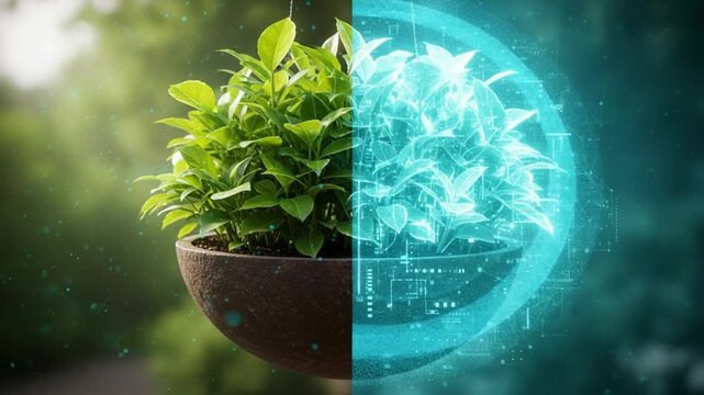 Plant in a pot split between natural green and digital blue with circuit board overlay and bokeh effect