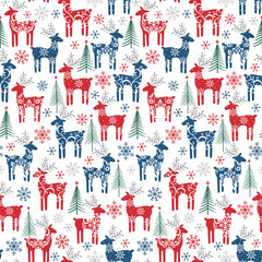 Seamless Pattern of Christmas Deer with Pine tree and snowflakes. Red, Blue, Green- Christmas Deer Vector Illustration