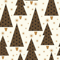Seamless Pattern of Christmas Tree  Modern and Stars. Gold, Black, Ivory- Christmas Tree Vector Illustration