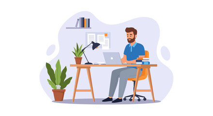 Bearded man working remotely on a laptop at a home office desk, surrounded by books and plants. Represents productivity, online learning, and modern freelance lifestyle.