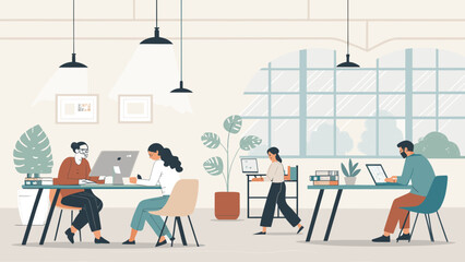 Diverse team working collaboratively in a bright, modern open-plan office. Represents productivity, teamwork, and a contemporary workspace.