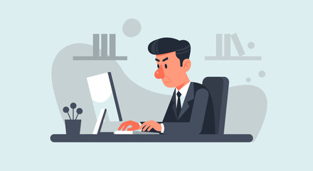 Stressed businessman working intently on a computer in a corporate office. Illustrates work pressure, frustration, and overwork in a business setting.