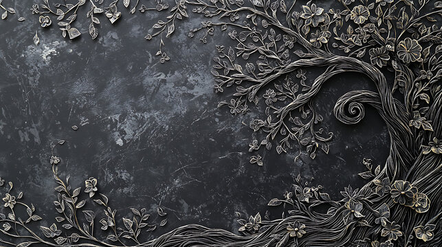 Elegant bas relief of a mythical tree of life, crafted from dark metal with intricate floral details against a textured stone wall