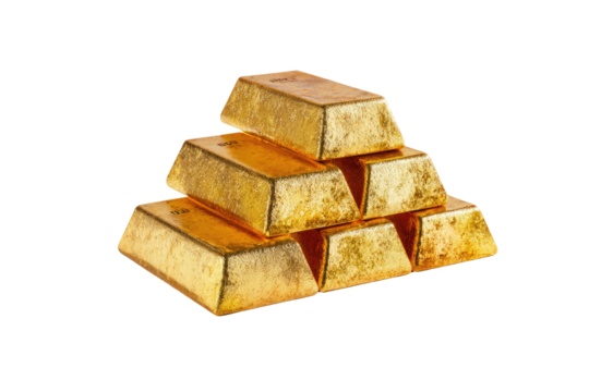 Gold bars stacked in a pyramid shape on a black background - Powered by Adobe