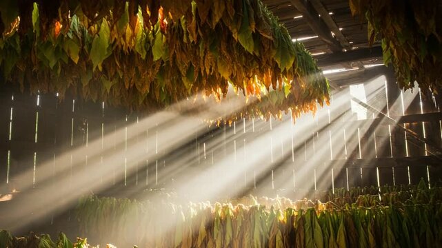 Sunlight Streaming Through Tobacco Leaves in Barn
