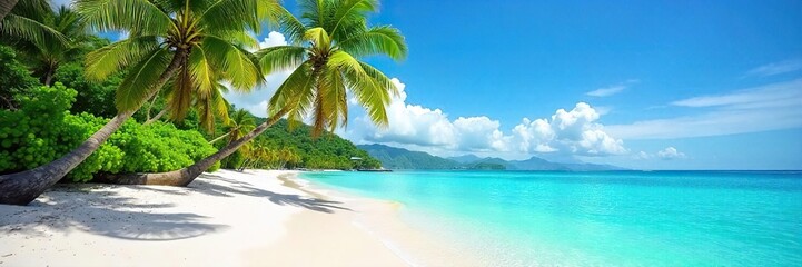 Fototapeta premium Tropical Island Paradise Pristine Beach, Turquoise Ocean, Swaying Palms