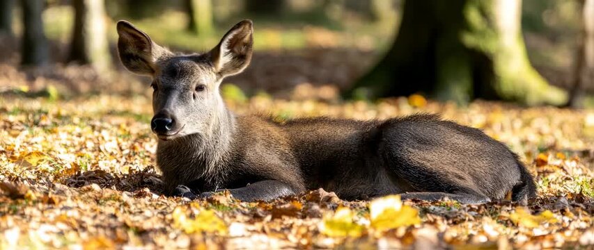 Elegant Reeves muntjac deer lounging amongst fallen autumnal leaves in the forest