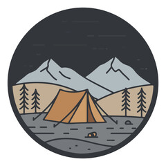 Camping tent pitched in a mountain landscape with trees under a dark sky, presented as a circular graphic.