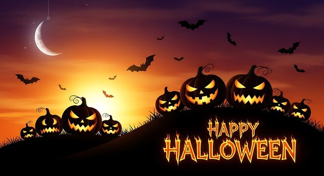 Spooky Halloween pumpkins glow under a crescent moon with bats flying against a fiery sunset sky