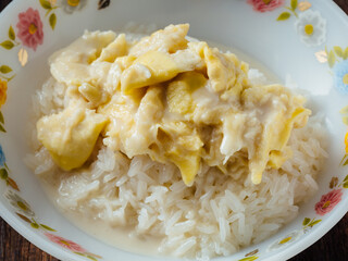 Creamy Egg Sauce Over Steamed Rice in Decorative Bowl