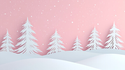 Obraz premium A whimsical winter wonderland scene with stylized paper trees dusted with snow and falling snowflakes against a soft pink background