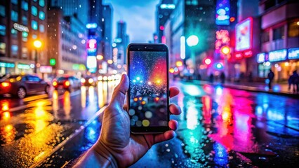 Photo of capturing the vibrant cityscape a hand holds a phone displaying a dazzling array of lights and colors, reflecting the energetic urban atmosphere at night with a modern twist
