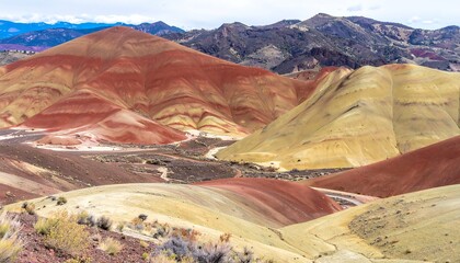 Colorful hills with vibrant hues of red, yellow, and beige.  Mountainous landscape with winding paths