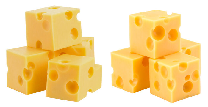 group of stack of dice slice of cheese isolated on white background