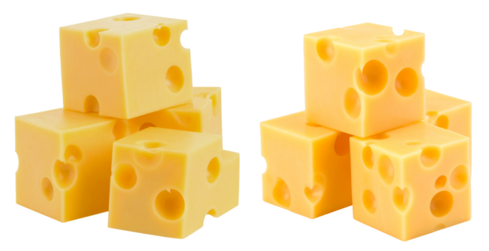 group of stack of dice slice of cheese isolated on white background