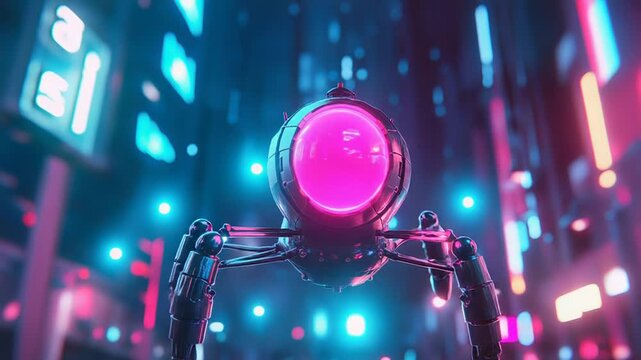 Futuristic spider robot hovering in neon lit cityscape