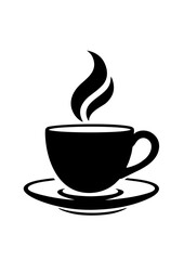 Minimalist Silhouette Coffee Cup Logo with Steam on Saucer