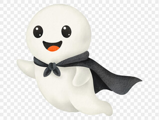 Watercolor ghost with black cape Halloween character Vector.