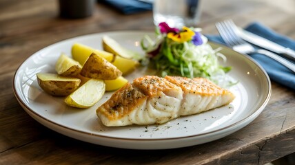 Grilled salmon with roasted potatoes and salad with edible flowers on wooden table for gourmet meal and culinary themes