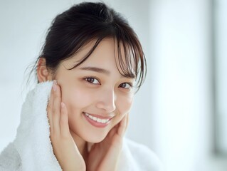 タオルで顔を拭いて微笑む美人女性のポートレート