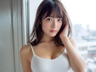 窓辺で髪を触りながら見つめる美人女性のポートレート