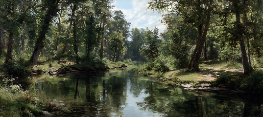 Fototapeta premium Serene river landscape photography with green trees and reflections for nature lovers and outdoor enthusiasts
