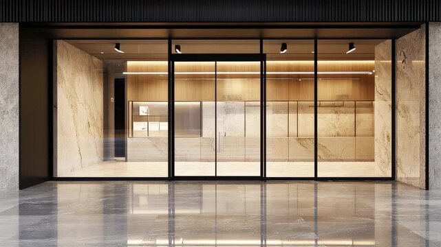 Elegant storefront showcase with modern design and sliding glass doors reflecting light