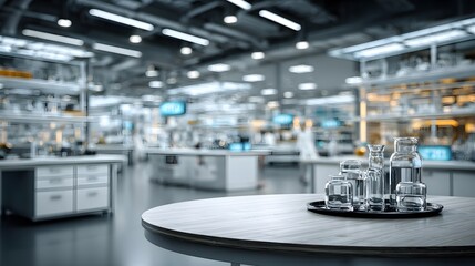 Photorealistic product mockup setting, featuring a clean white table in sharp focus in the foreground, against a brightly lit but heavily blurred modern lab.