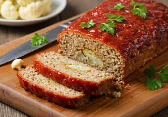 freshly sliced meatloaf on wooden cutting board