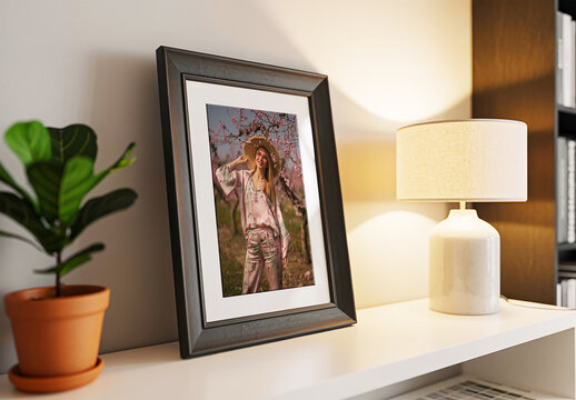 Realistic Photo Frame Mockup on a Shelf