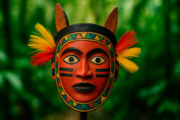 Colorful handcrafted wooden mask with feathers in natural forest background