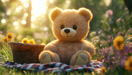 A cute teddy bear sitting on a checkered picnic blanet in a sunlit meadow durig a warm afternoon. The ber has soft, fluffy fur anda friendly smile. Surroundng it are a wicker basket illed
