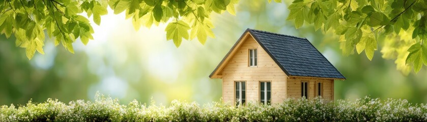 Obraz premium Air source heat pump in sustainable residential building concept. A serene wooden house surrounded by lush greenery and sunlight.