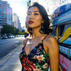 Woman in floral dress, city backdrop
