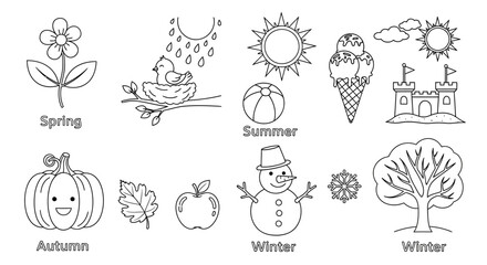 Obraz premium Preschool Coloring Sheet Four Seasons Kids Early Science Learning Educational Fun